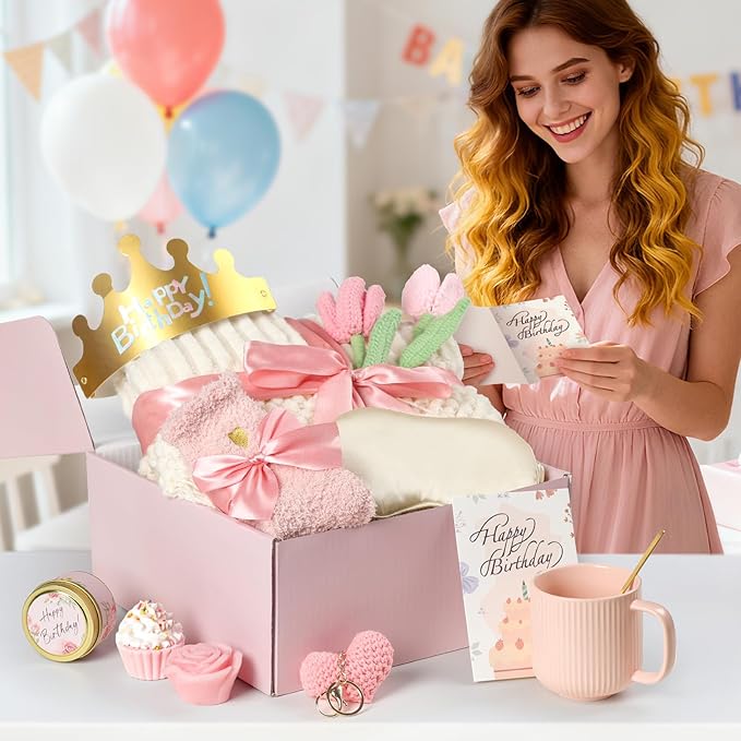 Birthday Gifts for Women - 13PCS Unique Happy Birthday Gifts Basket for Mom Her Best Friend Sister Wife Girlfriend Coworker - Relaxing Spa Self Care Package Get Well Soon Gifts Set (Rose) - Bloomnest