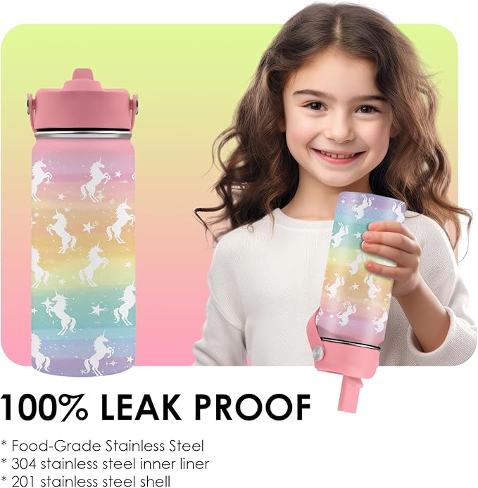 Unicorn Gifts 16 oz Water Bottle with Straw Lid, Stainless Steel Insulated Tumbler, Leak Proof, BPA - Free, Cute Rainbow Unicorn Pattern Mug for Birthday, Christmas, Daily Use, Travel (1pc) - Bloomnest