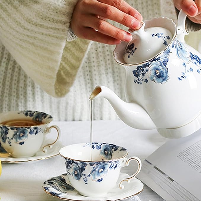 21-Piece Bone China Tea Set for Adults, Blue and White Porcelain Tea Set for 6, Vintage Floral Tea Cup Set With Teapot, Tea Party Sets for Women Gift，Gift Box - Bloomnest