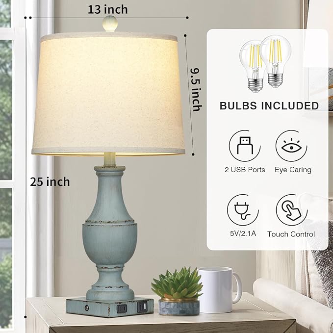 Farmhouse Table Lamps, Rustic 26" Touch Control Bedside Lamps with USB A+C Charging Ports & AC Outlet, Vintage 3-Way Dimmable Traditional Classic Nightstand Lamp for Living Room Bedroom Office Decor - Bloomnest