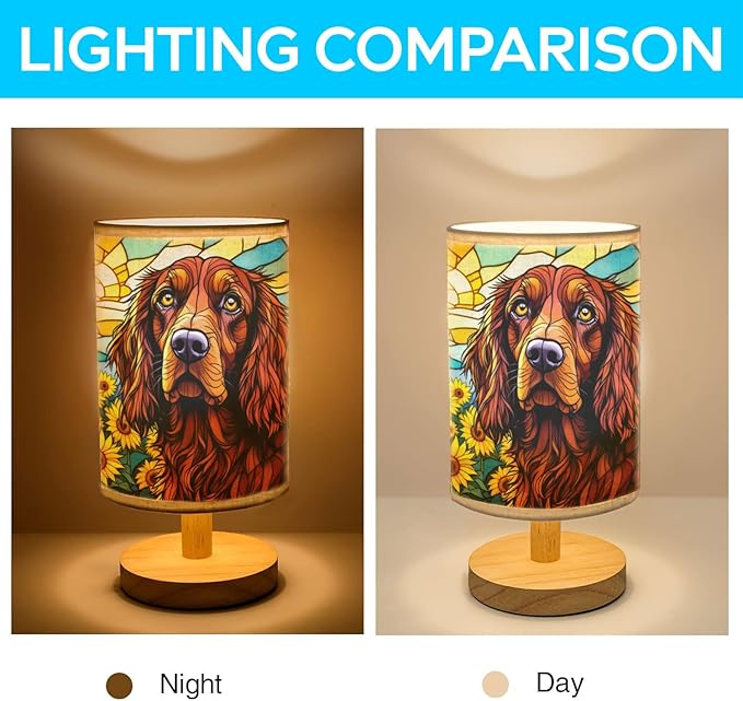 Irish Setter Table Lamp LED 3-Color Pressed Bedside, Dog Shade Lamp with Wood Base for Bedroom Living Room Desk Office - Bloomnest