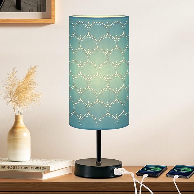 Touch Control Bedside Lamp with 2 USB Ports, 3-Way Dimmable Table lamp for Bedroom, Nightstand Lamp with Round Blue Fabric Shade for Living Room Home Office (E26 LED Bulb Included) - Bloomnest