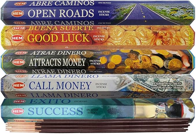 Hem Incense Sticks Variety Pack #5 and Incense Stick Holder Bundle with 5 Money and Success Themed Fragrances - Bloomnest