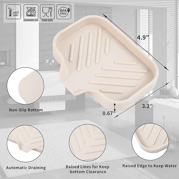 Silicone Bathroom Soap Dishes with Drain Spout-Bathroom and Kitchen Sink Organizer,Sponge Holder,Dish Soap Tray,Perfect for Dispenser,Scrubber,Bottle,Cup on Sink or Counter-Tapioca 4.9"×3.2" - Bloomnest