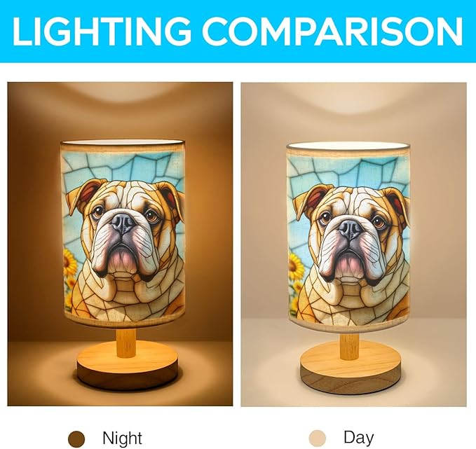 Bulldog Table Lamp LED 3-Color Pressed Bedside, Dog Shade Lamp with Wood Base for Bedroom Living Room Desk Office - Bloomnest