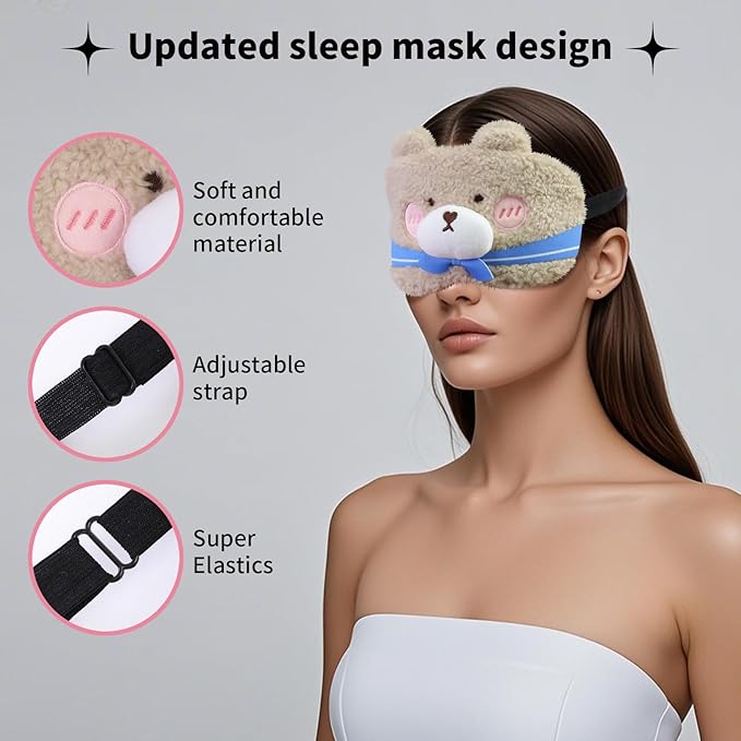 Cute Sleep Eye Masks for Kids, Kawaii Cartoon Kids Sleeping Mask for Women Boys Girls Teens, Soft Plush Adjustable Eyeshade Silk Travel Nap Eye Cover, Blue Bear - Bloomnest