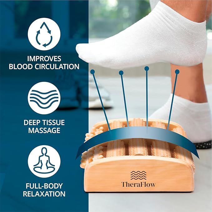 TheraFlow Foot Massager for Neuropathy & Plantar Fasciitis Relief - Mom Gifts for Women & Gifts for Dad, Wooden Foot Roller Massager, Neuropathy Pain Relief for Feet (Includes Reflexology Chart) - Bloomnest