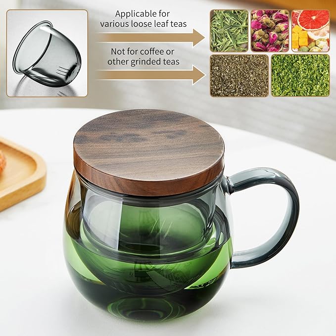 17 OZ Glass Tea Cup with Infuser and Lid, 500 ML Large Borosilicate Teacup, Clear Mug for Loose Leaf Tea, Blooming Tea, Tea Bags - Perfect Christmas or Birthday Gift for Women - Bloomnest