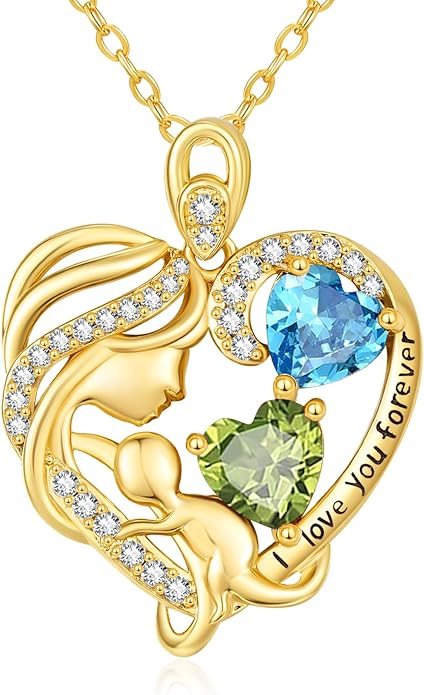 14K Gold Double Birthstone Heart Necklace for Women Mom, Mother Son/Daughter Pendant Necklace for Christmas Mother's Day Birthday Gifts for Wife Daughter Grandmom - Bloomnest