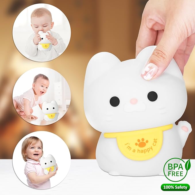 Attivolife Cute Cat Night Light for Kids, Animal Kitty Silicone Touch LED Lamp with Dimmable Timer, USB Rechargeable Toddler Feeding Bedroom Bedside Decor Birthday Xmas Gifts for Girls Baby - Bloomnest