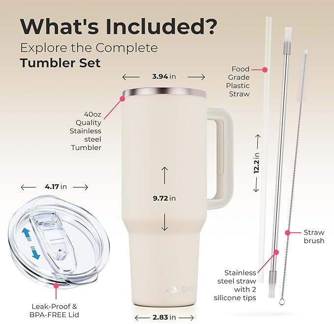 40 oz Tumbler With Handle and Straw Made of Stainless Steel - Double Wall Vacuum Insulated Tumbler With Lid - Sweat Proof Easy Grip, BPA-Free, Dishwasher Safe Tumbler (Cream) - Bloomnest
