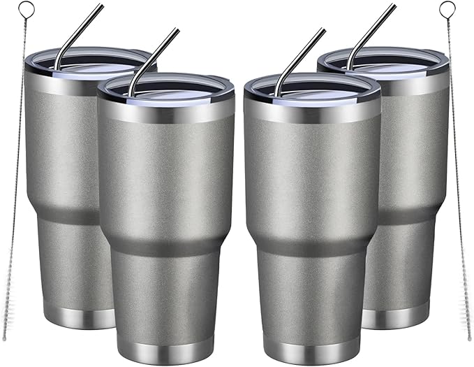 MEWAY 30oz Insulated Tumbler With Lids and Straws,Stainless Steel Double Vacuum Coffee Tumbler Cup, Brush, Durable Powder Coated Coffee Cup for Cold & Hot Drinks, Office, Travel(Cold Grey,4 PACK) - Bloomnest