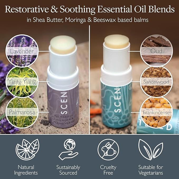 Scentered Aromatherapy Balm Stick Duo for Sleep & Meditation - Roll On Essential Oil Blends of Oud, Lavender, Ylang Ylang - Aromatherapy Gifts for Women - Sleep Well & Escape - Bloomnest
