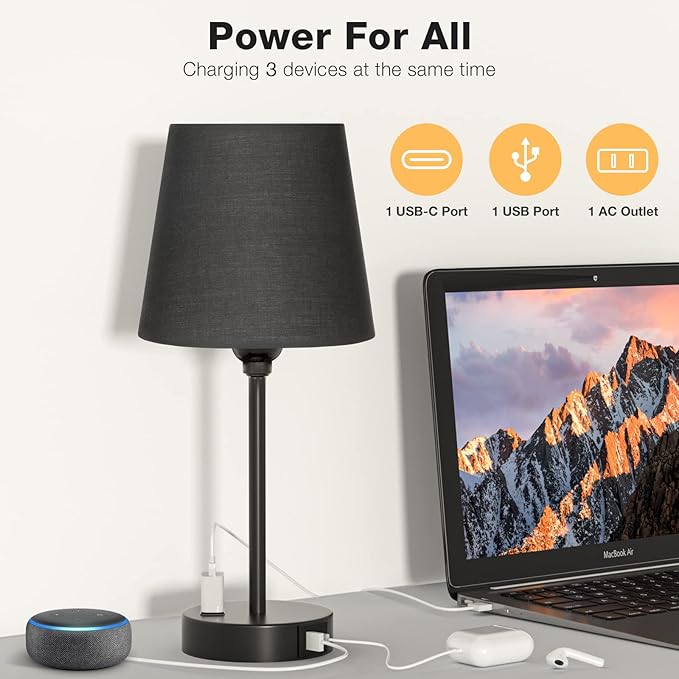 Acaxin Black Lamp for bedrooms Set of 2 - Nightstand Bedroom Lamp with USB C Port and AC Outlet Charging, 3 Way Dimmable Touch Control Bed Side Table Lamp, Small Night Stand Light for Men/Kids - Bloomnest