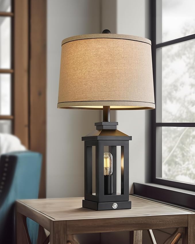 23.75" Retro Farmhouse Black Table Lamp for Living Room Bedroom Nightstand Single Pack Touch Control Bedside Nightlight Vintage Modern Lamp with USB C+A Ports and 2 Light Sources - Bloomnest
