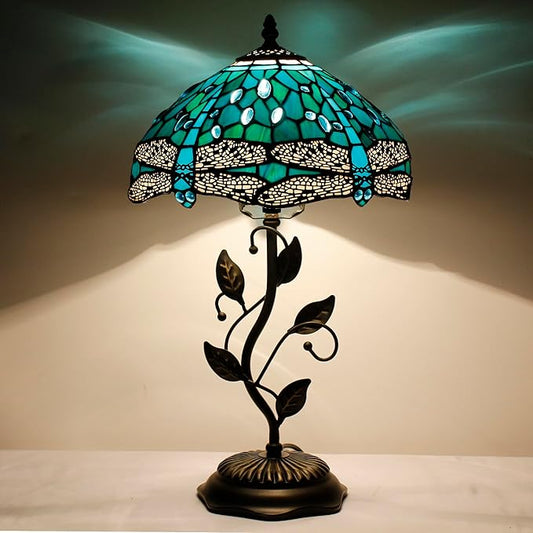 Tiffany Lamp Table Lamp Stained Glass Desk Lamps 12X12X19 Inches Reading Light Decor Bedroom Living Room (Green Blue Dragonfly Style) - Bloomnest