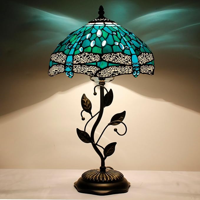 Tiffany Lamp Table Lamp Stained Glass Desk Lamps 12X12X19 Inches Reading Light Decor Bedroom Living Room (Green Blue Dragonfly Style) - Bloomnest
