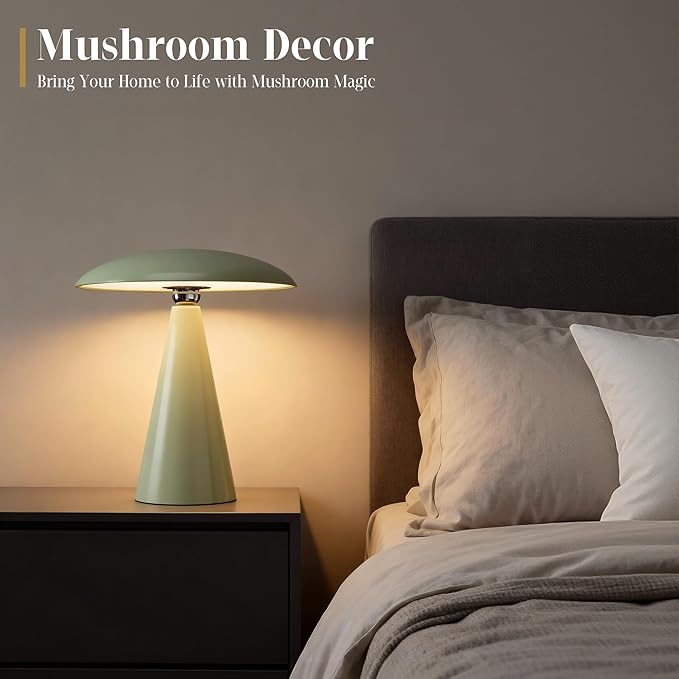 Mushroom Aesthetic Cute Lamp,Magnetic Mid Century Modern Lamp with 3-Mode Lighting for Unique Home Mushroom Decor,Cordless USB-C Rechargeable Lamps for Bedside/Dorm/Office Decor(Avocado Green) - Bloomnest