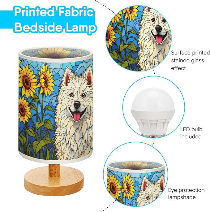 Samoyed Table Lamp LED 3-Color Pressed Bedside, Dog Shade Lamp with Wood Base for Bedroom Living Room Desk Office - Bloomnest