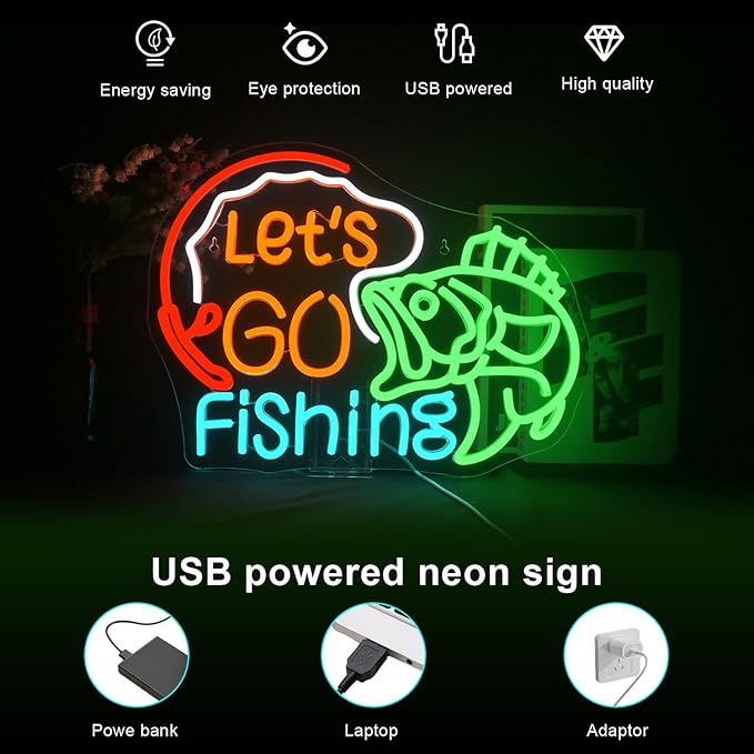 Lucunstar Let's Go Fishing Neon Sign Dimmable Fish Neon Light for Wall Decor LED USB Powered Fishing Hook Lights for Bedroom Living Room Man Cave Yacht Decor Men Gifts - Bloomnest