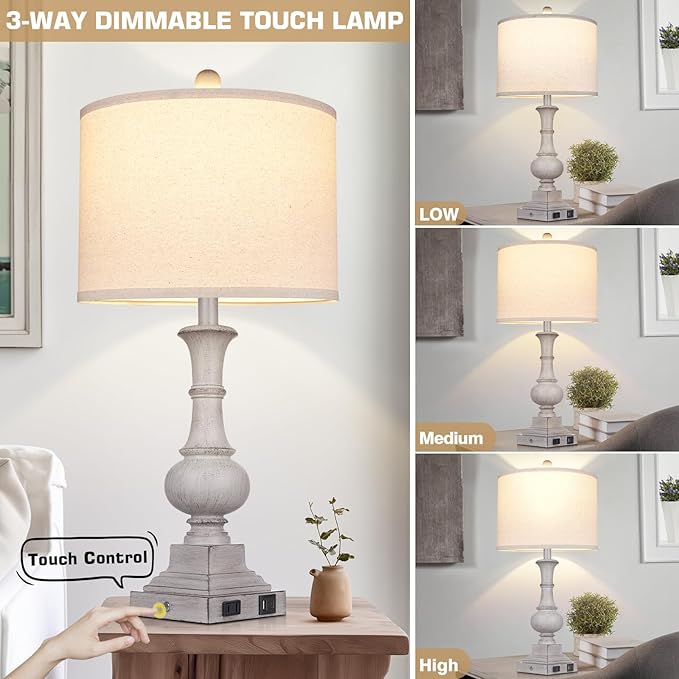 26" Farmhouse Lamp with 2 USB Ports & AC Outlet, Vintage Rustic Touch Control Bedside Lamp, Resin 3-Way Dimmable Nightstand Lamp Fabric Shade for Living Room Bedroom Decor Gray(LED Bulb Included) - Bloomnest