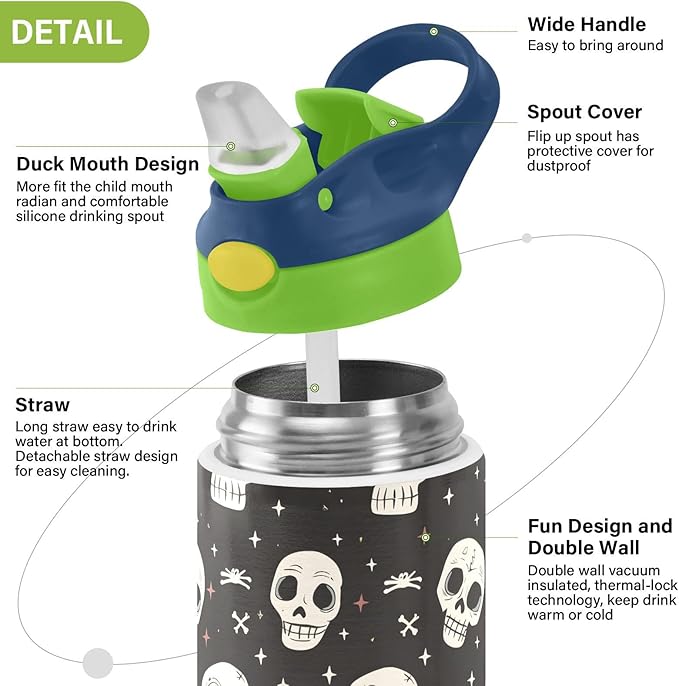 Human Skeleton Funny Skull Kids Water Bottle with Straw Lid Insulated Tumbler with Handle Stainless Steel Reusable Toddlers Cup for Kids Boys 12 oz - Bloomnest