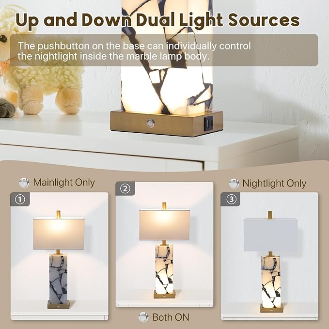 Natural Marble Table Lamps Set of 2: 3-Color Temperatures Alabaster Lamp with Nightlight, Bedside Lamps with USB Ports, Bedroom Lamps for Night Stands End Table Lamps for Living Room, Bulbs Included - Bloomnest