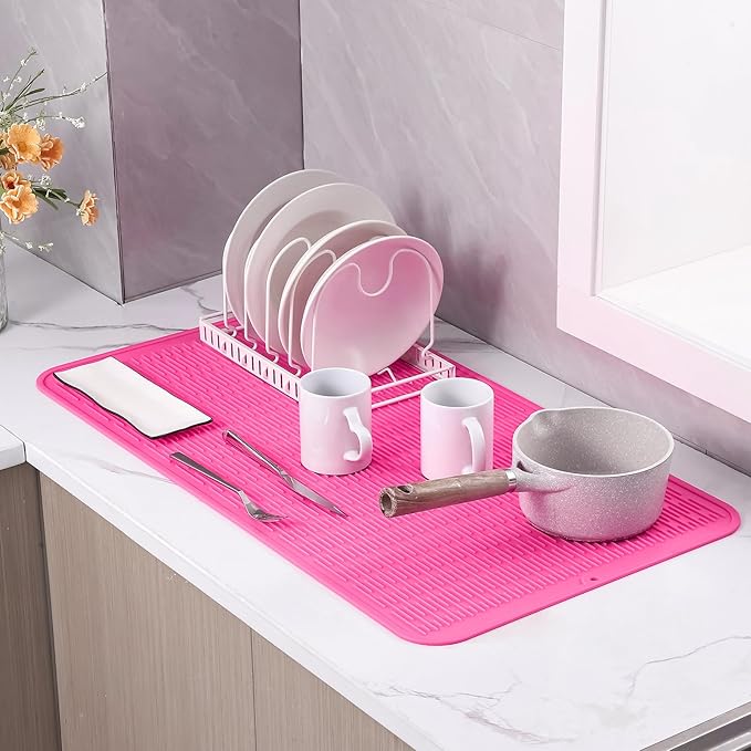 Silicone Dish Drying Mat for Multiple Usage,Easy clean,Eco-friendly,Heat-resistant Silicone Mat for Kitchen Counter or Sink,Refrigerator or Drawer Liner Rose 4XL 32 inches x 18 inches - Bloomnest