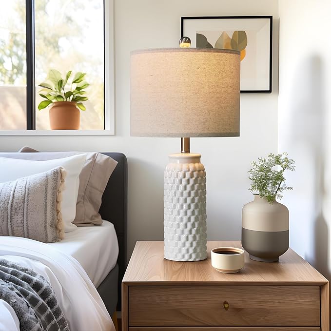 24" Modern Ceramic White Bedside Lamp Set of 2 Table Lamp for Bedroom Decor Farmhouse Table Lamp for Living Room Office Dorm - Bloomnest