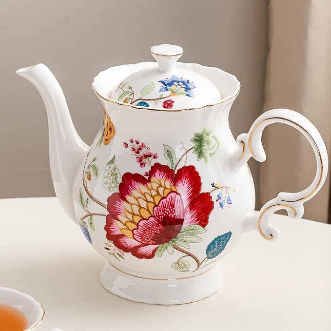 Jomop European Style Ceramic Flower Teapot Coffee Pot Water Pot Porcelain Gift Large 5.5 Cups (1, Blue and Red) - Bloomnest