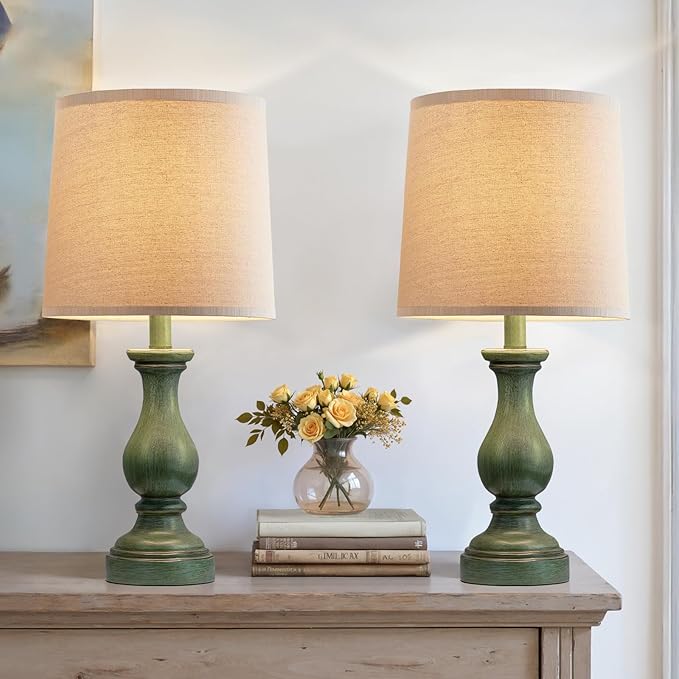 Seealle Farmhouse Table Lamps Set of 2 - Rustic Lamp for Bedroom Living Room, 22" Boho Bedside Lamps for Night Stands End Table Office Desk Lamp Nightstand with Linen Shades(Antique Green) - Bloomnest