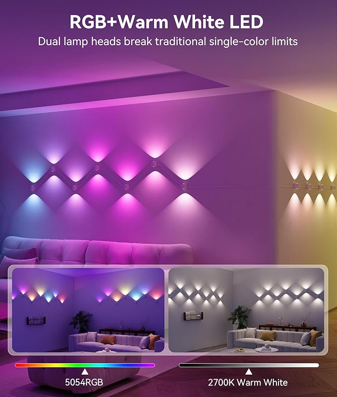 12 Lamp RGBCW Indoor Wall Lights, Up Down Lighting Bedroom Wall Sconces, Music Sync, DIY Styling White Color Changing Wall Lamps For Living room, Party, Home Decor, Compatible Alexa/Google Assistant - Bloomnest