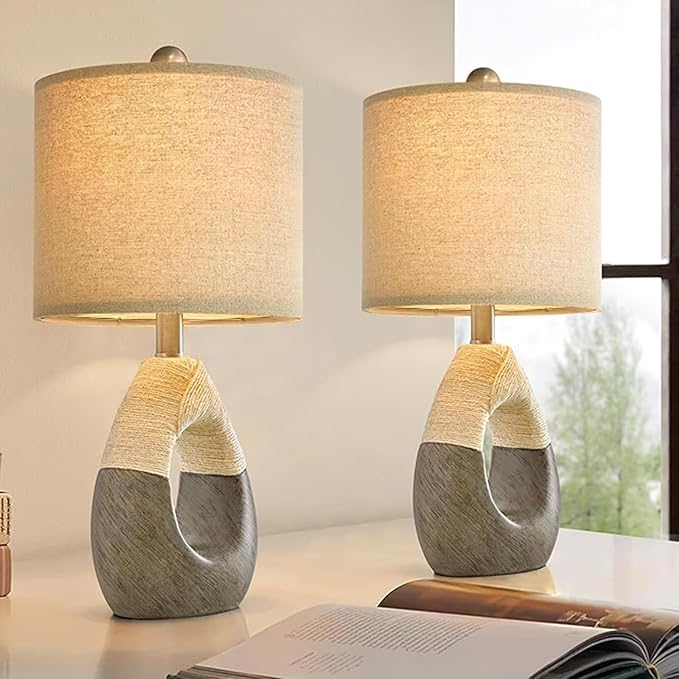 OYEARS 19” Boho Table Lamps Bedroom Living Room Set 2,Suitable for Small Space,Small Farmhouse RattanTable Lamp Rustic Egg Design Resin Light Decoration,Nightstand Bedside Lamps for Office Study Rest - Bloomnest