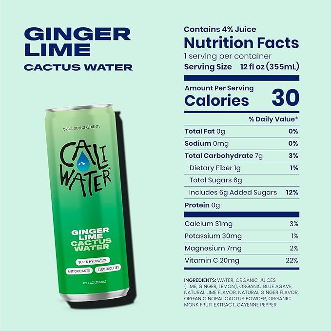 Caliwater - Organic Cactus Water - Ginger and Lime - 5g Sugar, 25 Calories - Coconut Water Alternative - Natural Plant Based Hydration - Skin Care, Electrolyte Drinks - Flavored Water - 12 Cans - Bloomnest