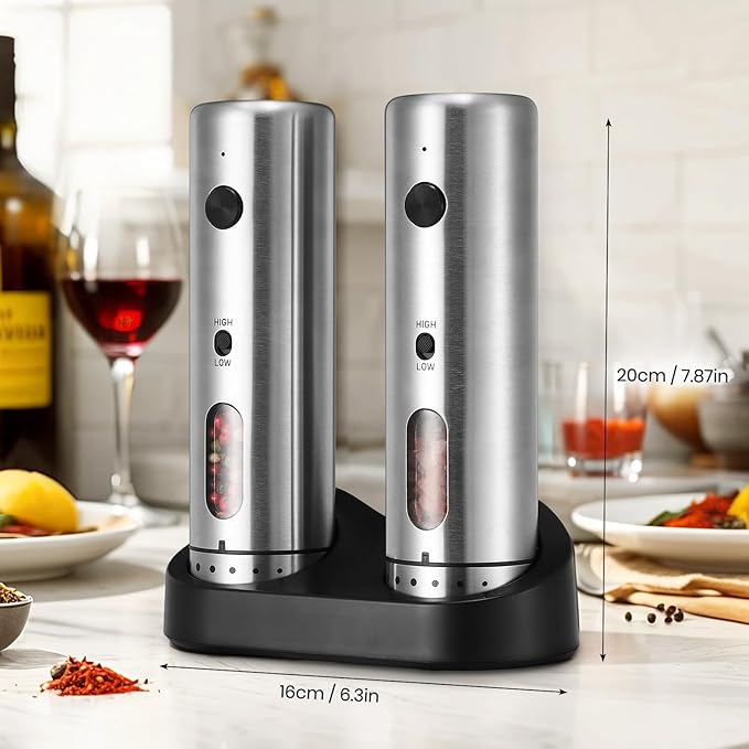 Electric Salt Grinder Set with Rechargeable Base Stainless Steel Grinders with Variable Grinding Speed, External Adjustable Coarseness and White LED Light, Silver - Bloomnest