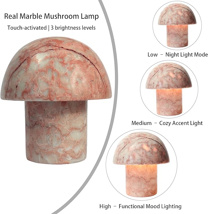 Marble Mushroom Table Lamp - Small Rechargeable USB-C Cordless Touch-Dimmable Night Light, Hand-Polished Natural Stone, 4.3"x4.7" - Bloomnest
