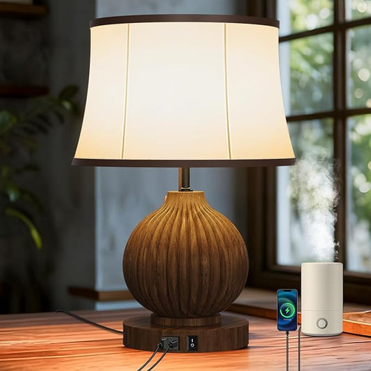 JESLED 18" Vintage Walnut Wooden Table Lamp for Living Room,Farmhouse Rustic Bedside Lamp for Bedroom Room,Office, End Table Home Decor - Bloomnest
