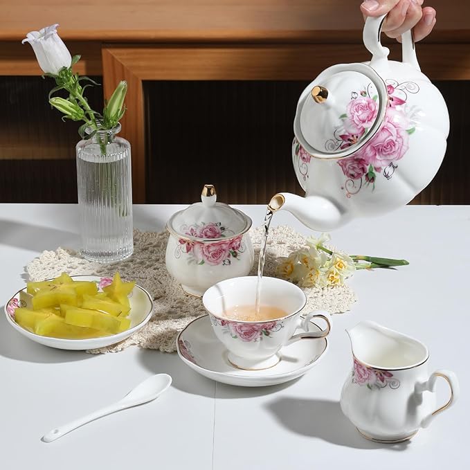 Sweejar Ceramic Teapot with Infuser, Floral Relief Gold Rimmed Teapot, 29 OZ Porcelain Tea Pot for Blooming and Loose Tea, Coffee...(Pink Flower) - Bloomnest