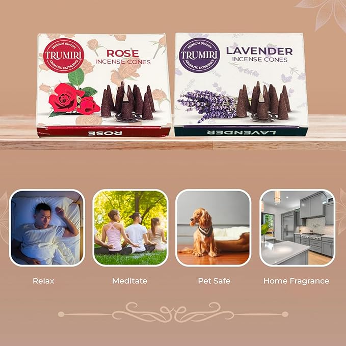 TRUMIRI Incense Cones - Combo Pack of 20 Cone Incense - 10 Rose + 10 Lavender - Insence Cones - Incense Cones Scented - Cone Incense Scents - Insense Cones - Incent Cone TRUMIRI