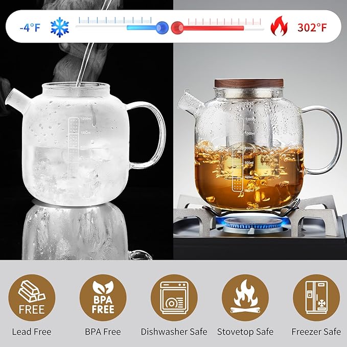Glass Teapot With Stainless Steel Infuser 1200ml, Glass Tea Pot, Loose Leaf Tea Kettle, Glass Kettle Stovetop, Teapot With Strainer, Tea Infuser Pot Glass Teacup Tea Cups For Blooming Tea - Bloomnest