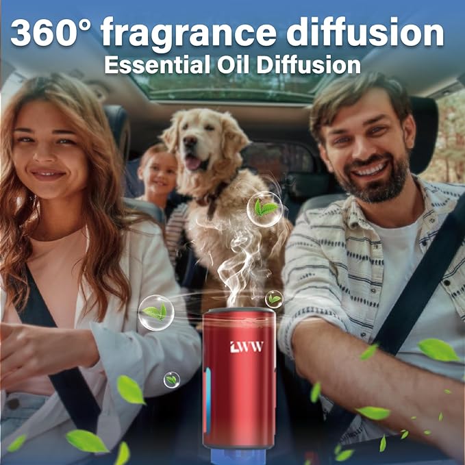 Car Air Freshener - Smart Adjustable 3-Speed Intensity, Rechargeable Humidifier Car Essential Oil Diffuser - Comes with 8 Bottles of 10ml Perfume (Red) - Bloomnest