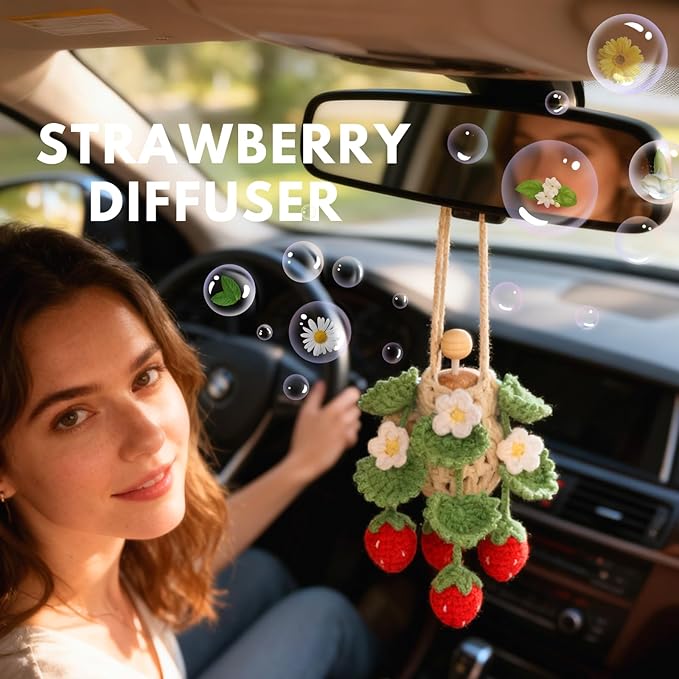 Handmade Crochet Hanging Car Air Freshener - Cute Strawberry Plant Design, 12ml Refillable Thick Glass Bottle, Car Diffuser for Rearview Mirror, Home & Office Decor - Bloomnest