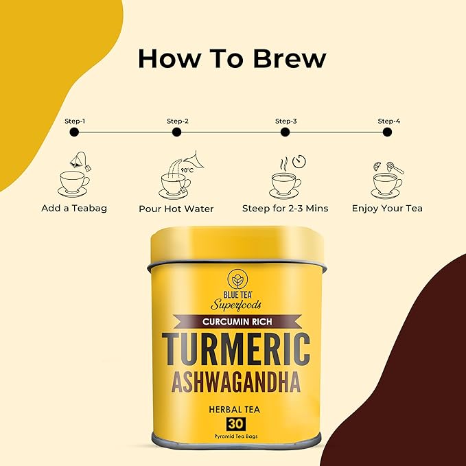 BLUE TEA - Turmeric Tea - Ashwagandha - 30 Count - Pyramid Plant Based Tea Bag | CURCUMIN RICH - HERBAL BLEND | Herbal Tea - Caffeine Free - Non-GMO - Vegan - Gluten Free - No Sugar | Reusable Tin Pack - Bloomnest