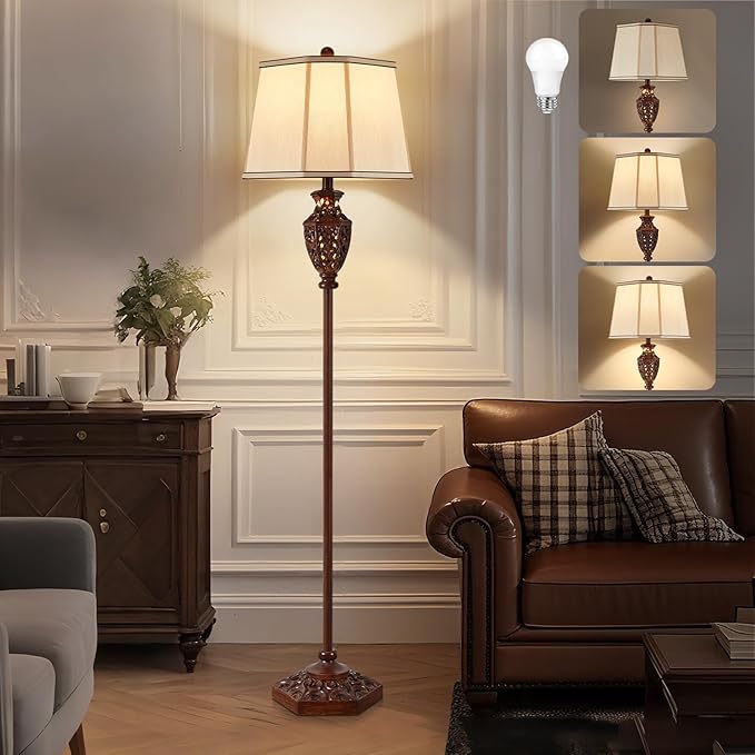 Luvkczc Vintage Floor Lamp - Brown Resin 6-Sided Carved Hollow Light Design, Mid-Century Modern Standing Lamp for Living Room, Bedroom, Study(Bulb Included) - Bloomnest