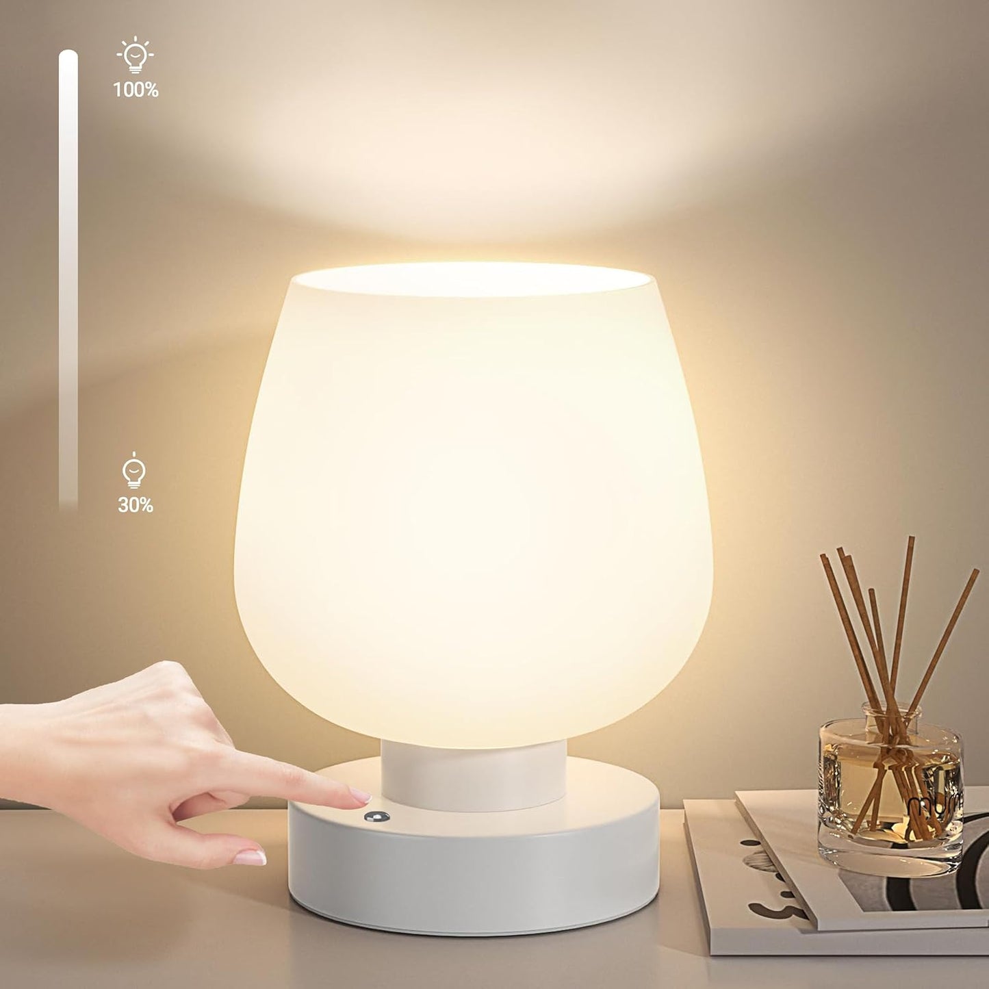 Cordless Bedside Lamp, Portable Rechargeable Table Lamps for Bedroom for Night Stands, Touch Stepless Dimmable Desk Lamp, Warm LED Bulb, Round Shape, 1 Set, White