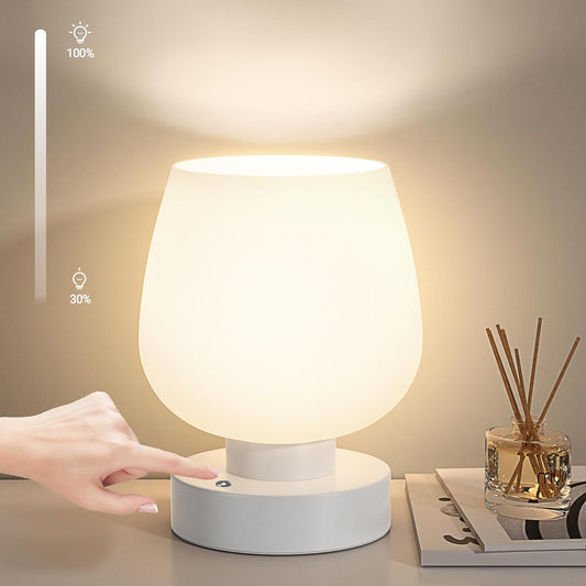 Cordless Bedside Lamp, Portable Rechargeable Table Lamps for Bedroom for Night Stands, Touch Stepless Dimmable Desk Lamp, Warm LED Bulb, Round Shape, 1 Set, White
