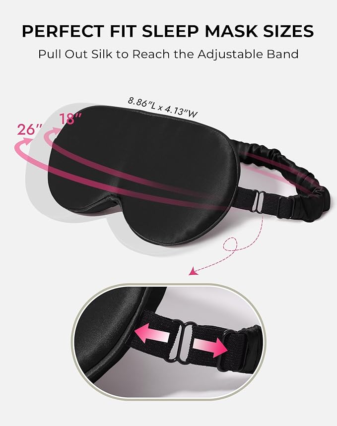 SilkSilky 100% 22 Momme Mulberry Silk Sleep Mask – Upgraded 3D Contoured Eye Mask with Nose Wing Pads & Adjustable Strap, Luxury Blackout Eye Cover for Women & Men (Black) - Bloomnest