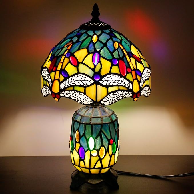 Small Tiffany Lamp Stained Glass Table Lamp Mini Mother Daughter Vase Desk Accent Night Light for Bedroom Bedside Reading Home Antique Style 8X14 Inches (Sea Blue Yellow) - Bloomnest