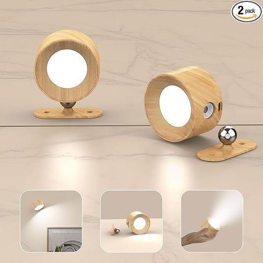 2Pack Battery Operated Wall Sconce, 3 Color Modes 3 Brightness Levels 360°Rotation Lighting Touch Control, Wall Mounted Lamp LED Wall Lights for Bedroom Reading Bedside, Wall Sconces Set of Two - Bloomnest