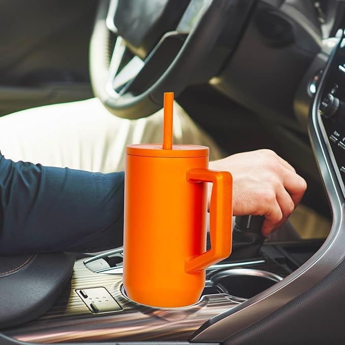 Elemental 40 oz Tumbler with Handle and Straw - Spill Proof Insulated Stainless Steel Commuter for Hot and Cold Beverages - Travel Coffee Mug with 2 Straws & Spill Proof Lid - 40oz - Orange - Bloomnest